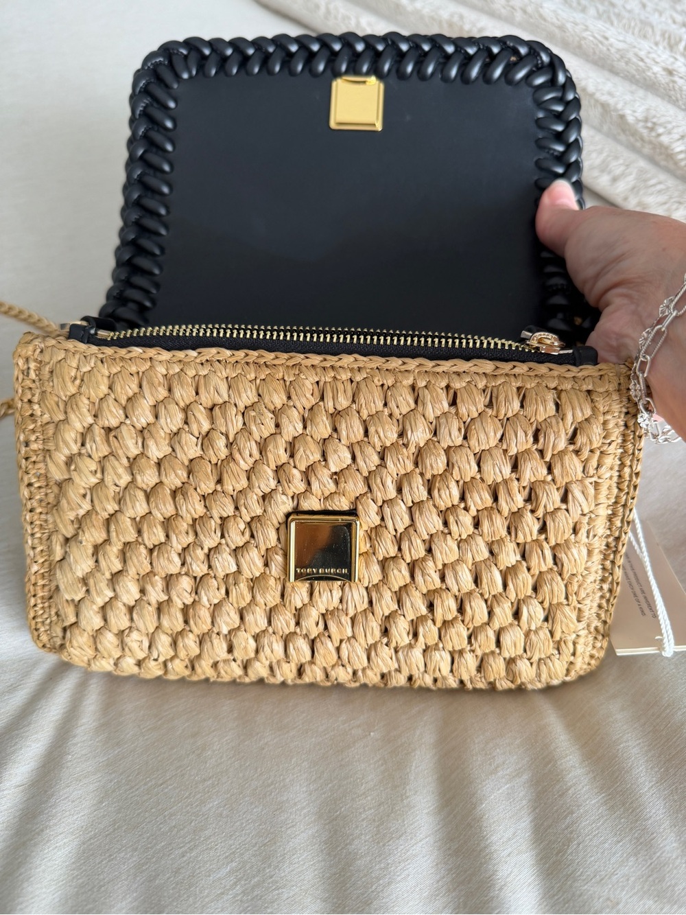 Tory Burch Tan Woven Crossbody with Black Trim and Gold Chain - Picture 3 of 8